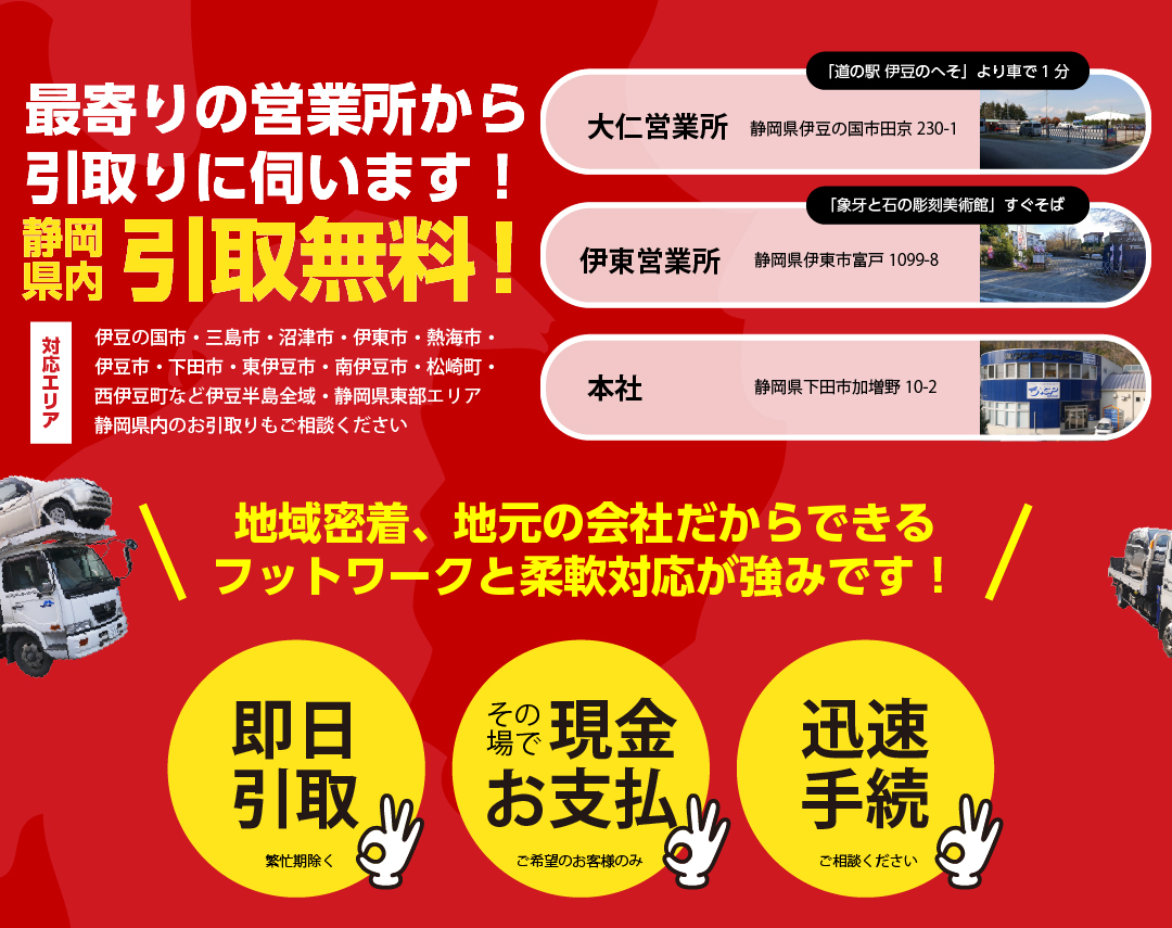 最寄りの営業所（大仁営業所、伊東営業所、本社 下田市）から引取に伺います。静岡県内引取無料。対応エリア：伊豆の国市・三島市・沼津市・伊東市・熱海市・伊豆市・下田市・東伊豆市・南伊豆市・松崎町・西伊豆町など伊豆半島全域・静岡県東部エリア　静岡県内の廃車引取は廃車王伊豆店へ。